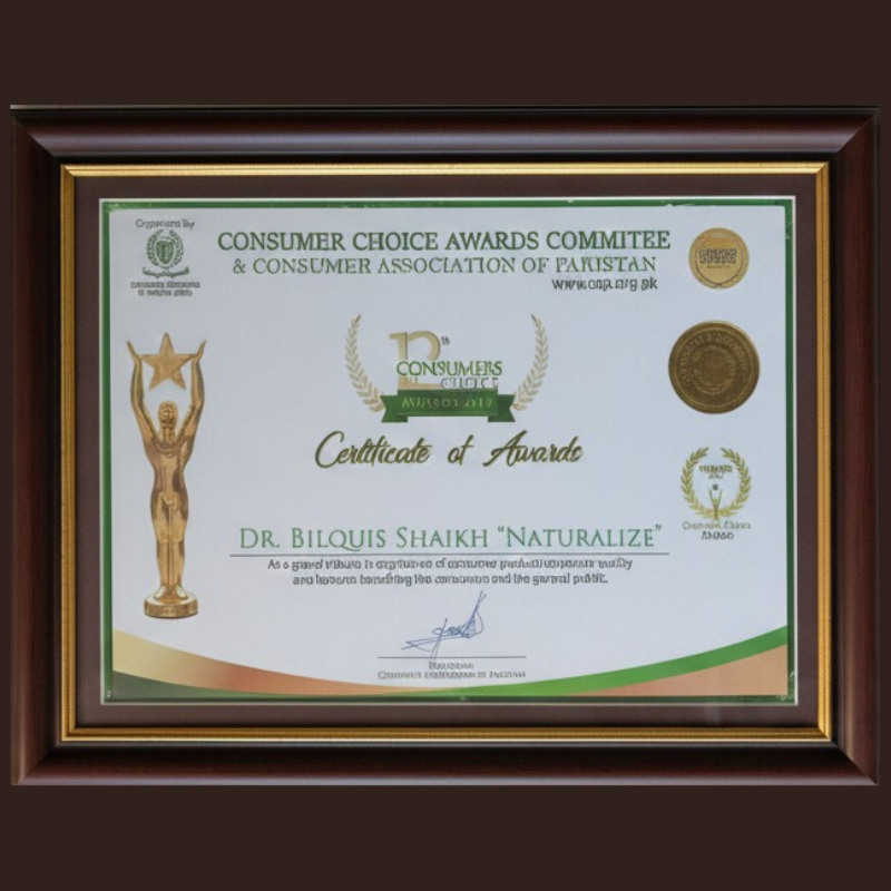 Framed certificate from Consumer Choice Awards Committee on a dark background Framed certificate of award with logos and text on a dark background by dr bilquis