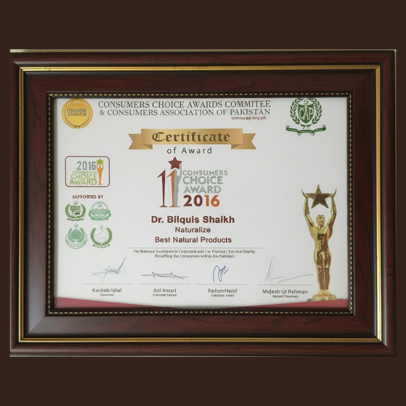 Framed certificate of award with logos and text on a dark background by dr bilquis